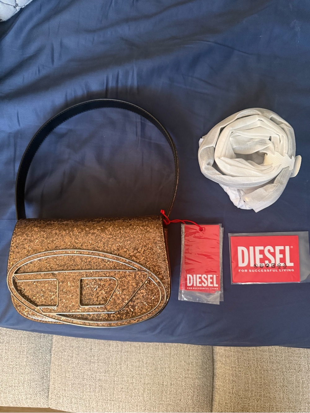Diesel Gold Glitter Shoulder Bag with Black Strap